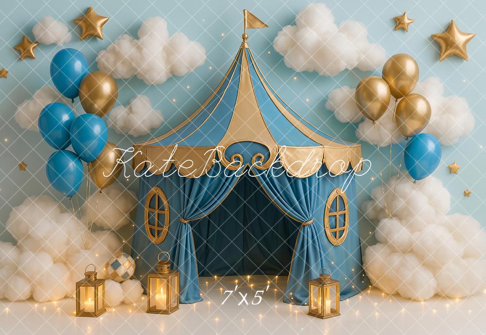 Kate Anniversaire Bleu Cirque Tente Ballon Toile de fond conçu par Ashley Paul - Kate Backdrop FR