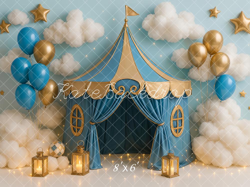 Kate Anniversaire Bleu Cirque Tente Ballon Toile de fond conçu par Ashley Paul - Kate Backdrop FR