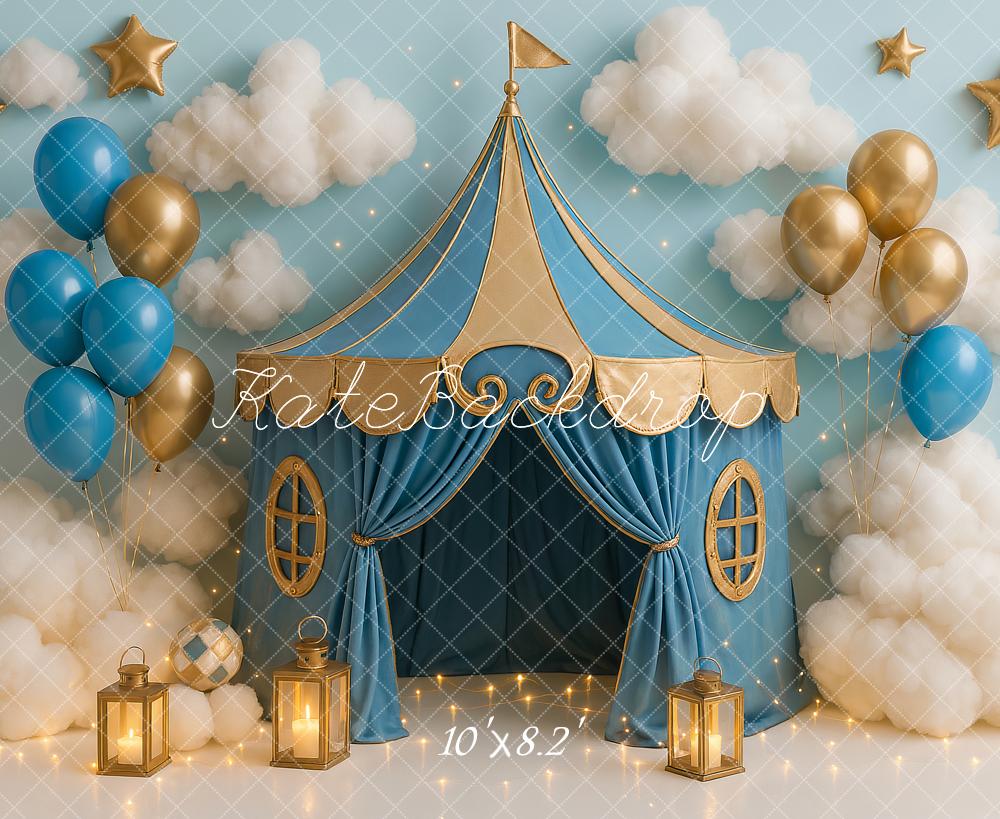 Kate Anniversaire Bleu Cirque Tente Ballon Toile de fond conçu par Ashley Paul - Kate Backdrop FR