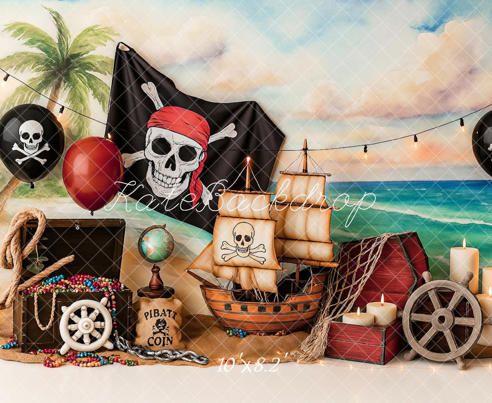Kate Pirate Aventure Plage Voilier Anniversaire Toile de fond conçu par Ashley Paul - Kate Backdrop FR