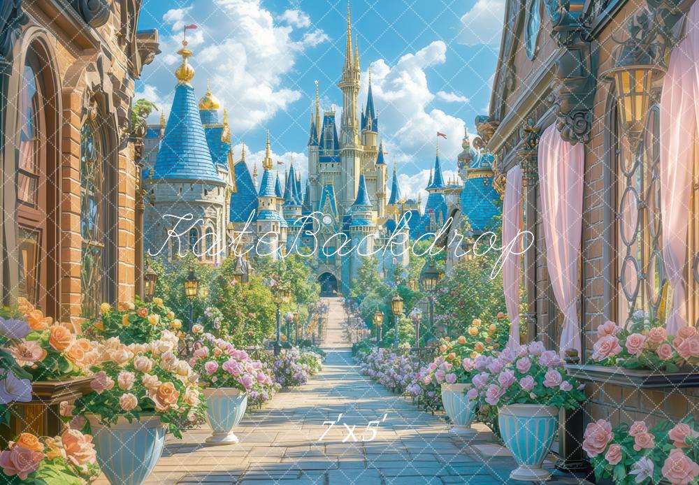 Kate Château Sentier Ville Fleurs Fantaisie Toile de fond conçue par Mini MakeBelieve - Kate Backdrop FR