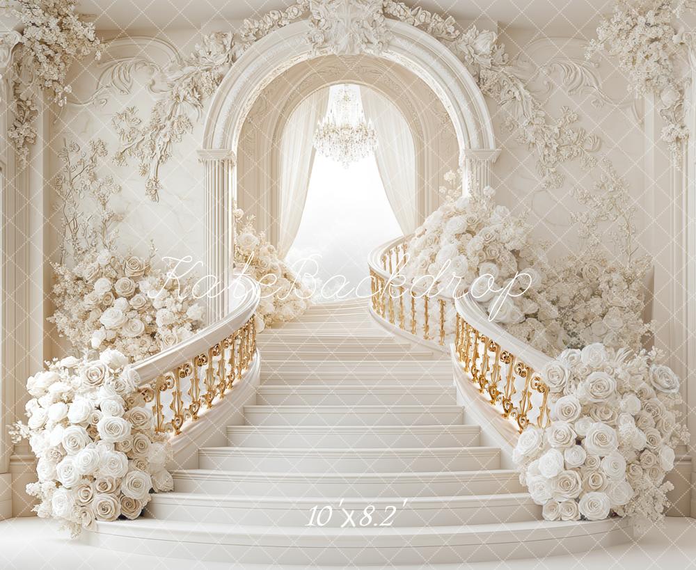 Kate Bal de Promo Escalier Blanc Fleurs Toile de fond conçue par Mini MakeBelieve - Kate Backdrop FR