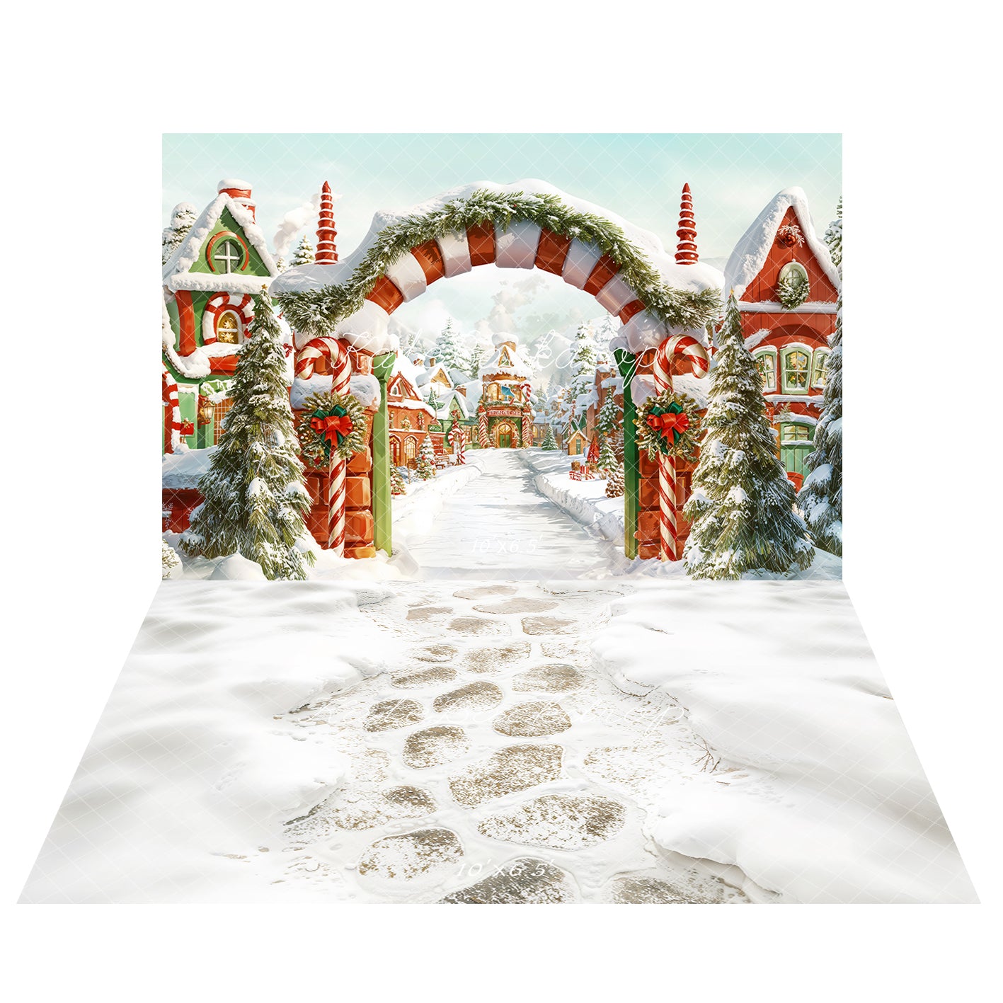 Kate Noël Bonbon Village Neige Toile de fond+Hiver Neige Pavés Chemin Sol Toile de fond - Kate Backdrop FR