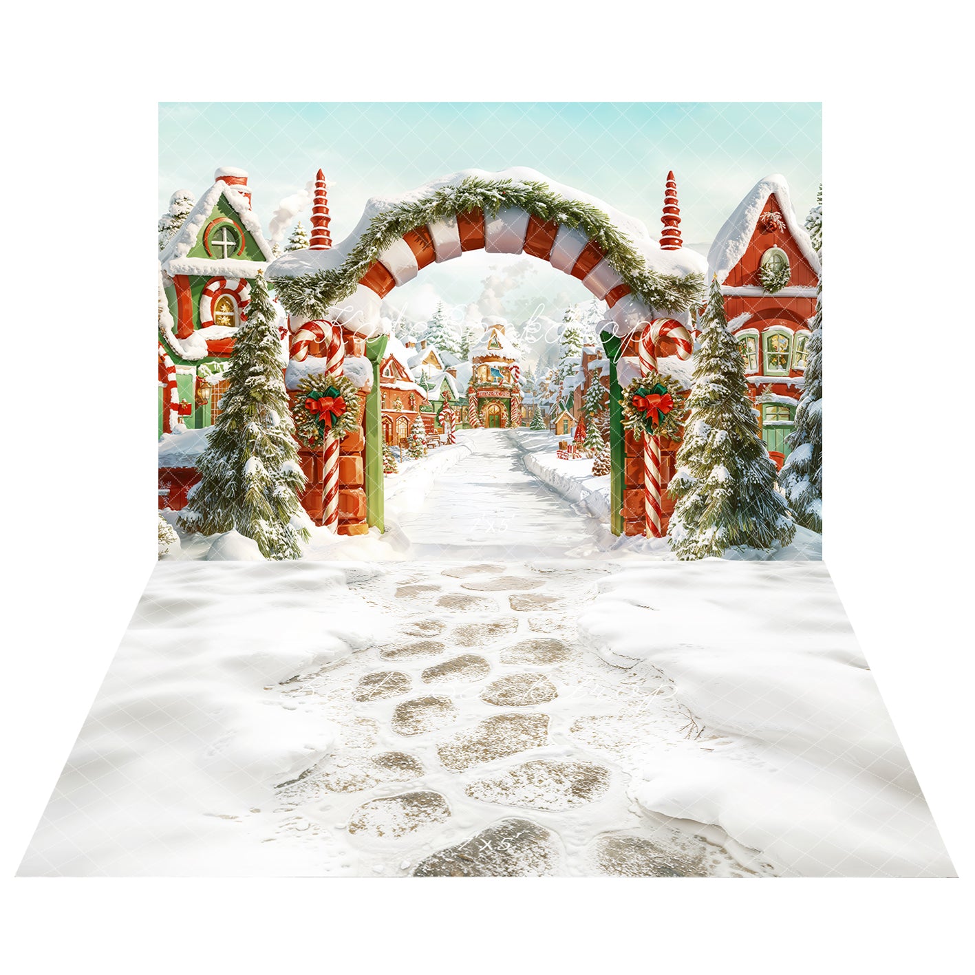 Kate Noël Bonbon Village Neige Toile de fond+Hiver Neige Pavés Chemin Sol Toile de fond - Kate Backdrop FR