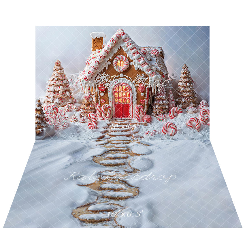 Kate Maison en Pain d'épices Noël Toile de fond+Neige Chemin de Pierre Sol Toile de fond - Kate Backdrop FR