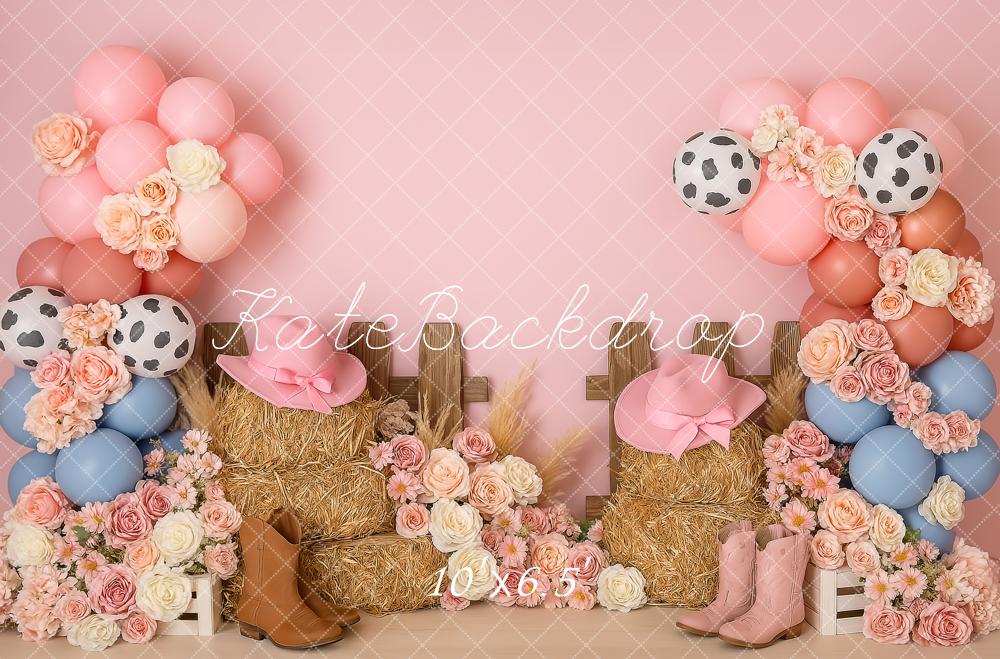 Kate Cowgirl Western Fleurs Rose Anniversaire Toile de fond conçue par Patty Roberts - Kate Backdrop FR