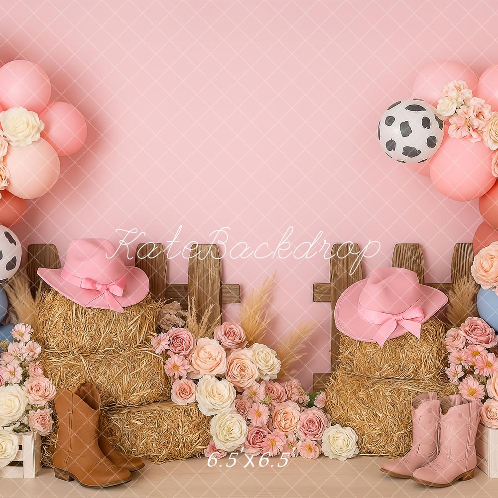 Kate Cowgirl Western Fleurs Rose Anniversaire Toile de fond conçue par Patty Roberts - Kate Backdrop FR