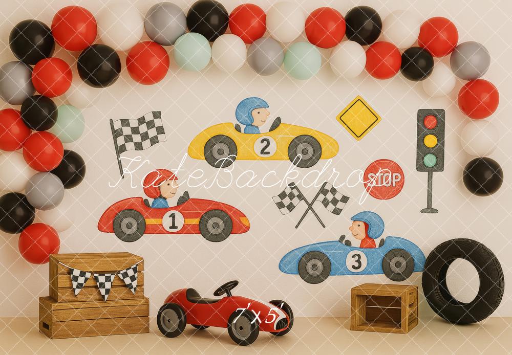 Kate Anniversaire Voitures de course Ballons Toile de fond conçue par Patty Roberts - Kate Backdrop FR