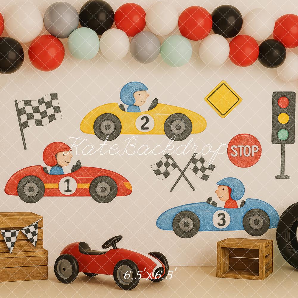 Kate Anniversaire Voitures de course Ballons Toile de fond conçue par Patty Roberts - Kate Backdrop FR