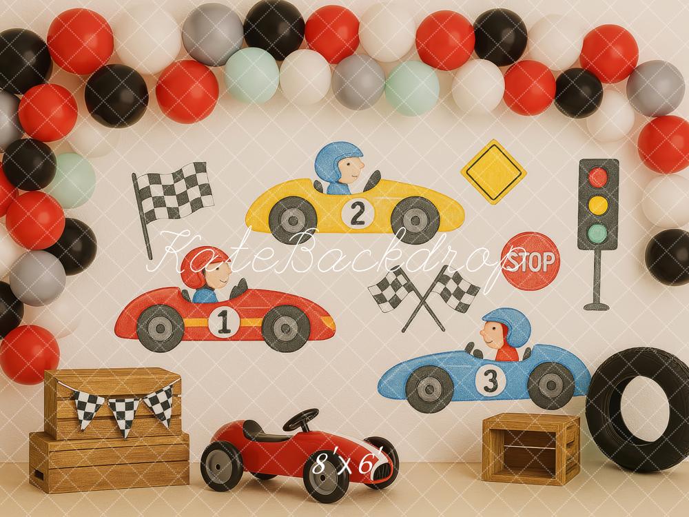 Kate Anniversaire Voitures de course Ballons Toile de fond conçue par Patty Roberts - Kate Backdrop FR