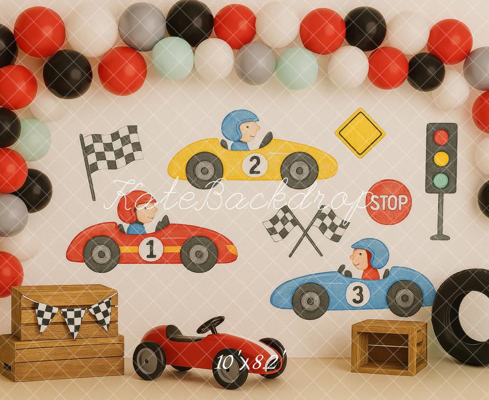 Kate Anniversaire Voitures de course Ballons Toile de fond conçue par Patty Roberts - Kate Backdrop FR