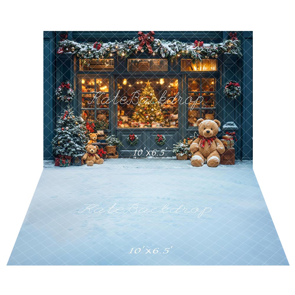Kate Noël Ours en peluche Fenêtre Toile de fond+Hiver Neige Glace Bleu Sol Toile de fond - Kate Backdrop FR