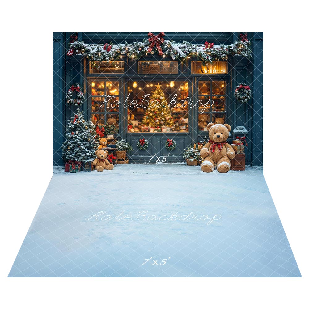Kate Noël Ours en peluche Fenêtre Toile de fond+Hiver Neige Glace Bleu Sol Toile de fond - Kate Backdrop FR