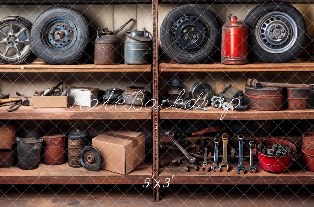Kate Fête des Pères Garage Étagères Outils Pneus Toile de fond conçue par Mandy Ringe - Kate Backdrop FR