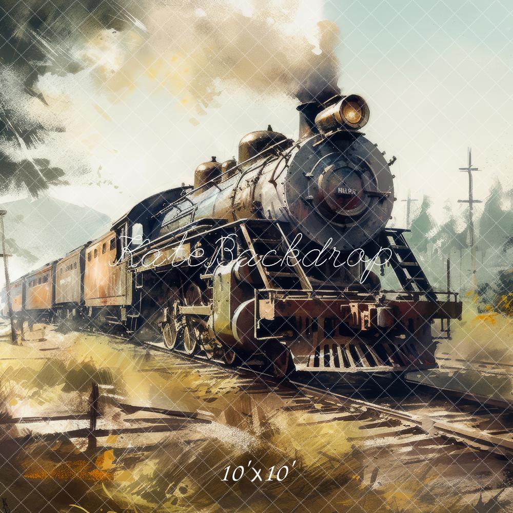 Kate Aquarelle Chemin de fer Train à vapeur Toile de fond conçue par Mandy Ringe - Kate Backdrop FR
