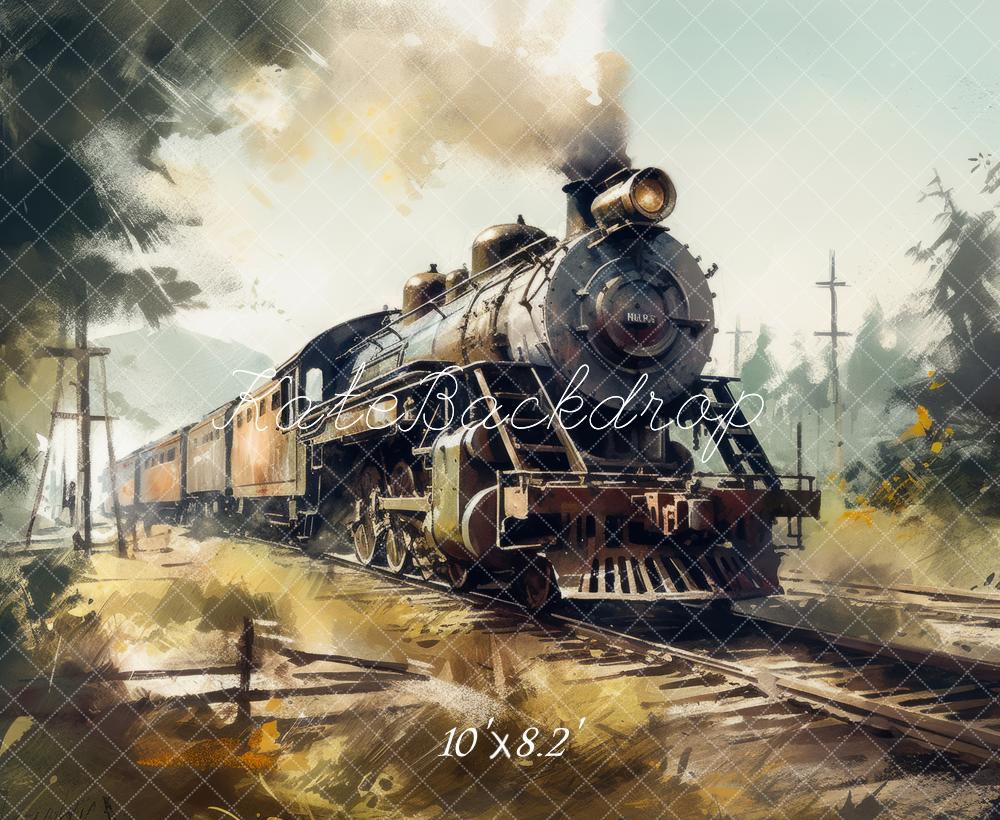 Kate Aquarelle Chemin de fer Train à vapeur Toile de fond conçue par Mandy Ringe - Kate Backdrop FR