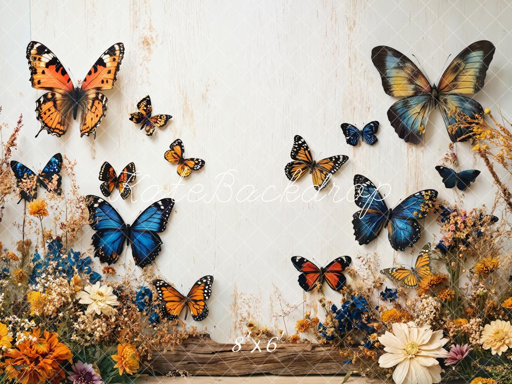 Kate Papillons Fleurs Jardin Mur Blanc Toile de fond conçue par Emetselch - Kate Backdrop FR