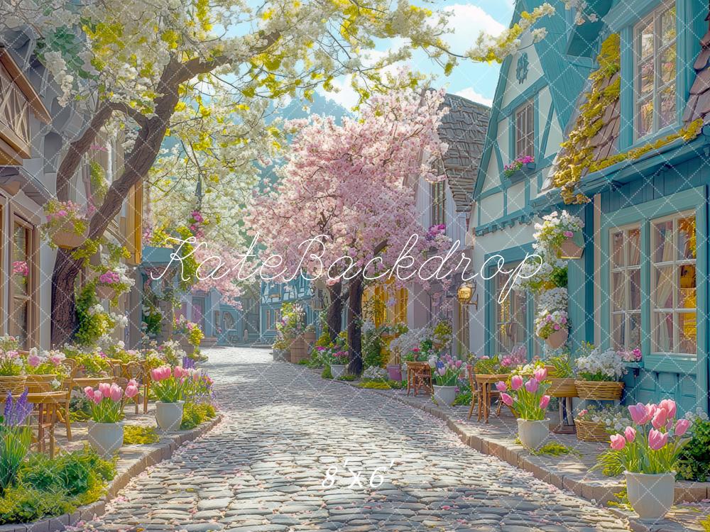 Kate Printemps Fleurs Village Chemin Toile de fond conçue par Mini MakeBelieve - Kate Backdrop FR