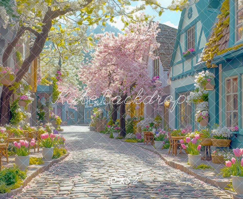 Kate Printemps Fleurs Village Chemin Toile de fond conçue par Mini MakeBelieve - Kate Backdrop FR