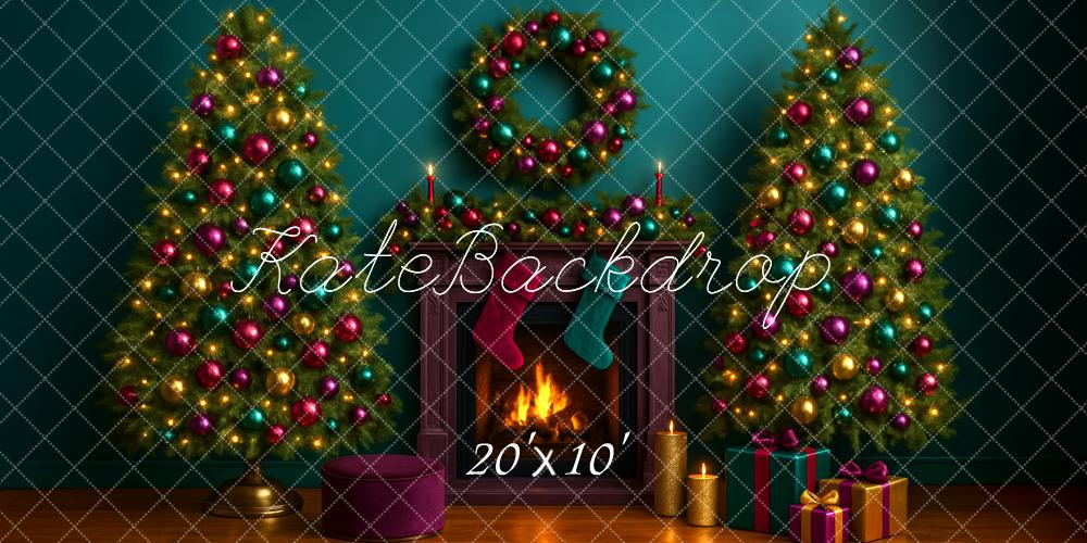 Kate Sapin de Noël Cheminée Bougies Vert Toile de fond conçue par Megan Leigh - Kate Backdrop FR