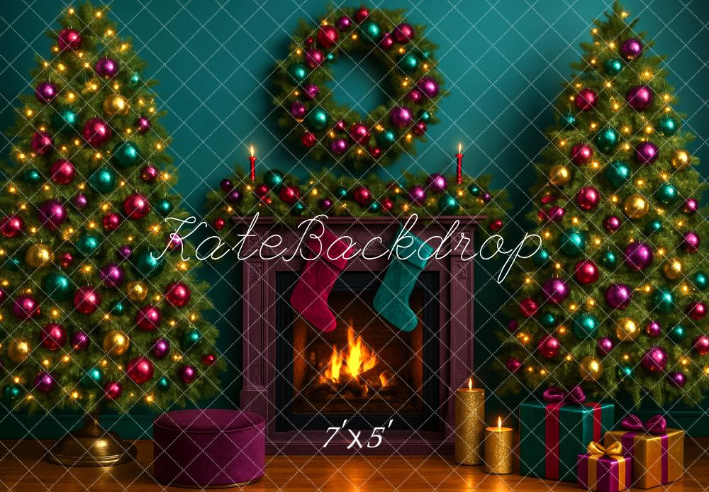 Kate Sapin de Noël Cheminée Bougies Vert Toile de fond conçue par Megan Leigh - Kate Backdrop FR