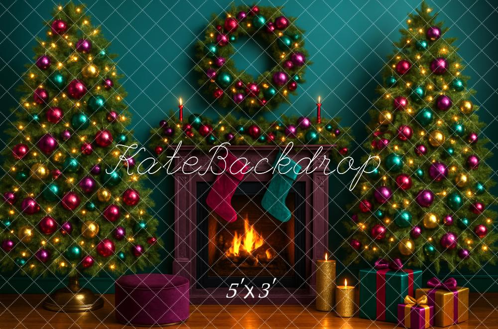 Kate Sapin de Noël Cheminée Bougies Vert Toile de fond conçue par Megan Leigh - Kate Backdrop FR