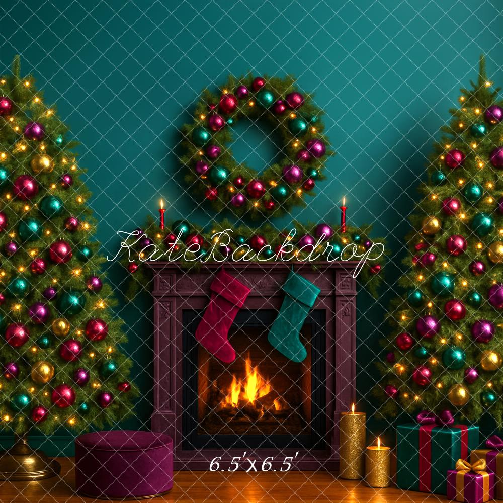 Kate Sapin de Noël Cheminée Bougies Vert Toile de fond conçue par Megan Leigh - Kate Backdrop FR