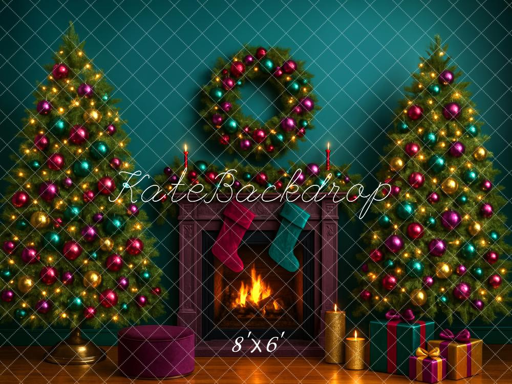 Kate Sapin de Noël Cheminée Bougies Vert Toile de fond conçue par Megan Leigh - Kate Backdrop FR