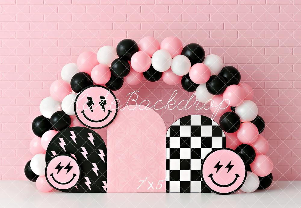Kate Anniversaire Sourire Rose Ballons Arche Toile de fond conçu par Ashley Paul - Kate Backdrop FR