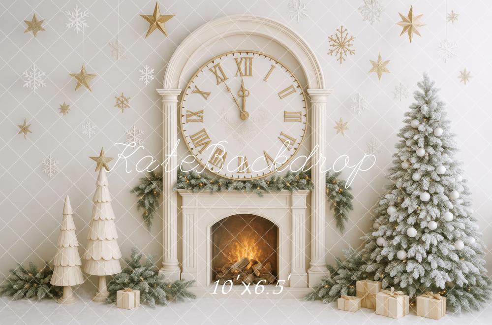 Kate Sapin de Noël Horloge Cheminée Blanc Toile de fond conçue par Patty Roberts - Kate Backdrop FR