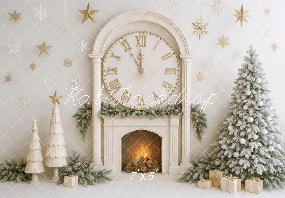 Kate Sapin de Noël Horloge Cheminée Blanc Toile de fond conçue par Patty Roberts - Kate Backdrop FR
