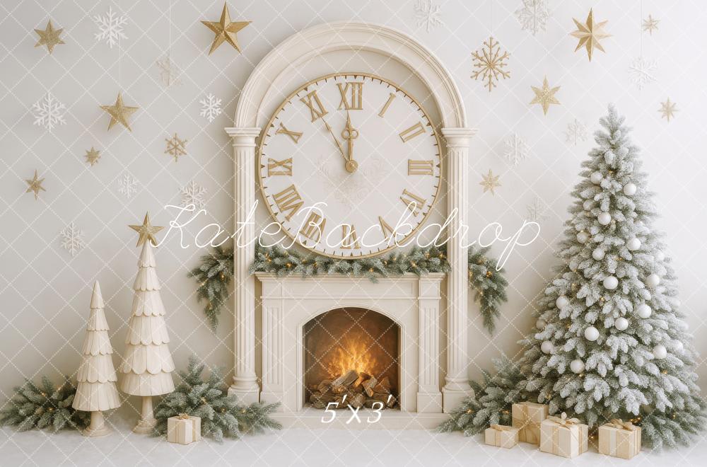 Kate Sapin de Noël Horloge Cheminée Blanc Toile de fond conçue par Patty Roberts - Kate Backdrop FR