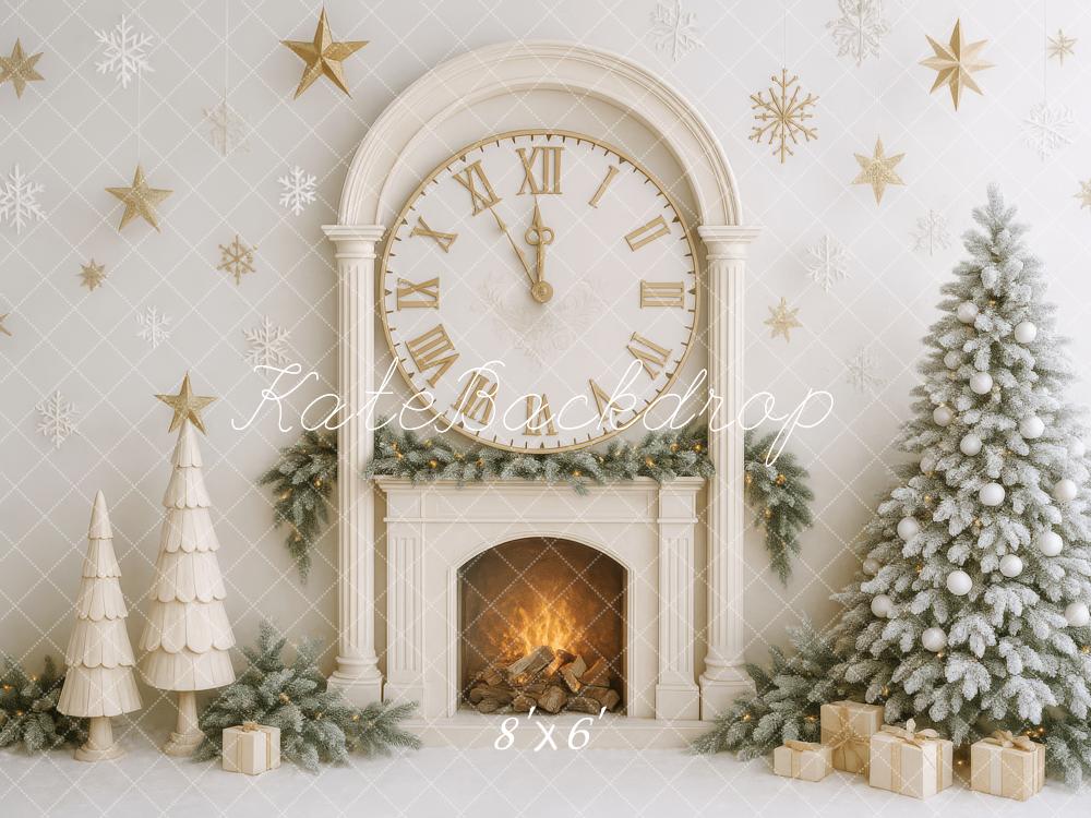 Kate Sapin de Noël Horloge Cheminée Blanc Toile de fond conçue par Patty Roberts - Kate Backdrop FR