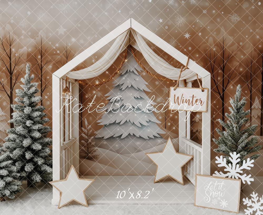 Kate Sapin de Noël Hiver Neige Maison Toile de fond conçue par Patty Roberts - Kate Backdrop FR