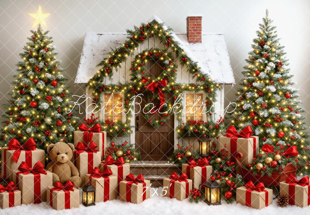 Kate Arbre de Noël Maison Cadeaux Ours Toile de fond conçue par Patty Roberts - Kate Backdrop FR