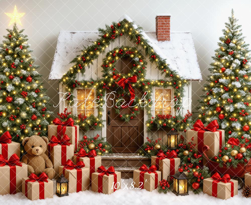 Kate Arbre de Noël Maison Cadeaux Ours Toile de fond conçue par Patty Roberts - Kate Backdrop FR
