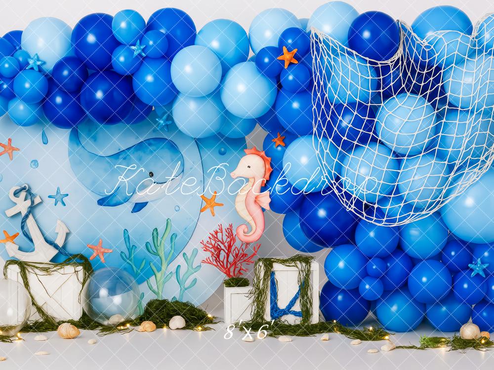 Kate Anniversaire Ballon Bleu Mer Toile de fond conçue par Patty Roberts - Kate Backdrop FR