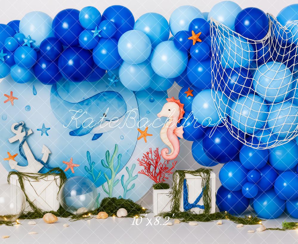 Kate Anniversaire Ballon Bleu Mer Toile de fond conçue par Patty Roberts - Kate Backdrop FR