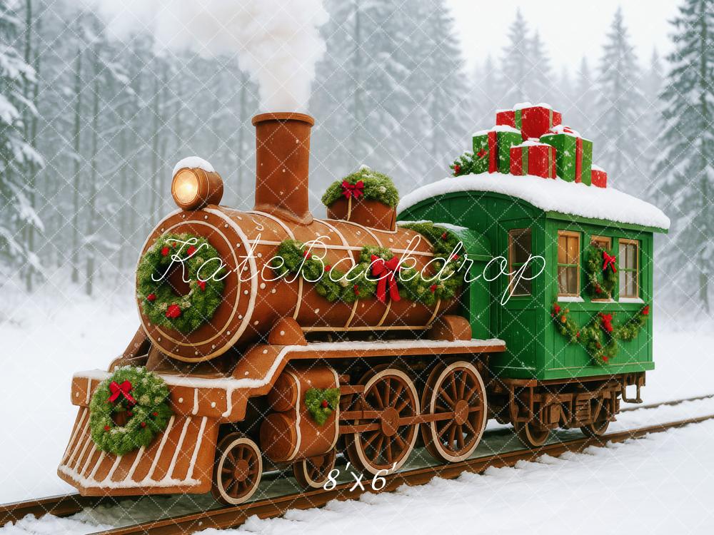 Kate Noël Vintage Train en Pain d'épices Neige Toile de fond conçue par Patty Roberts - Kate Backdrop FR