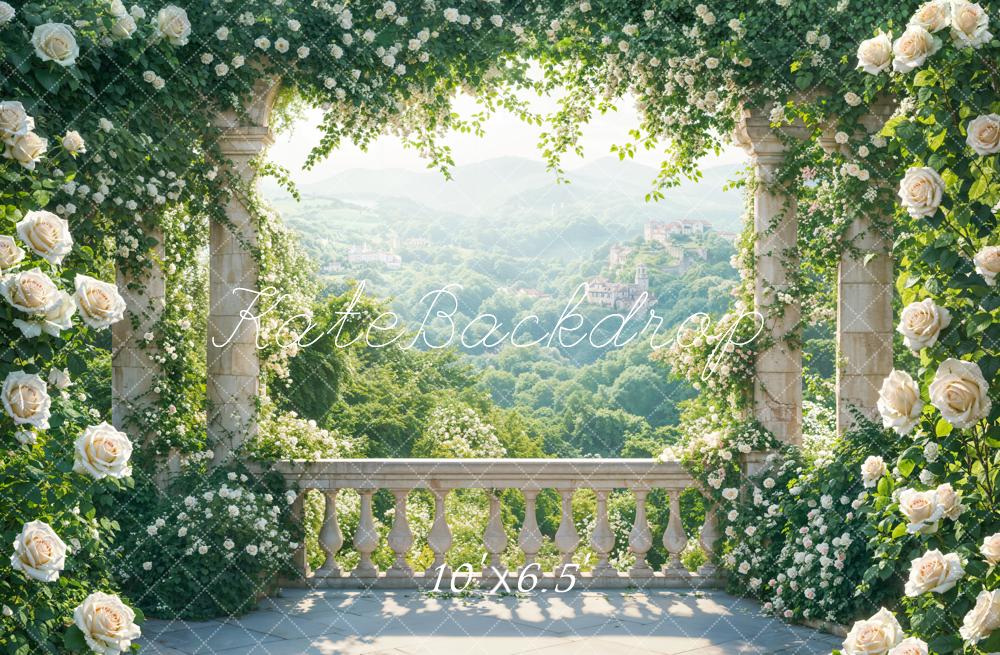 Kate Été Terrasse Fleurs Verdure Montagnes Toile de fond conçue par Emetselch