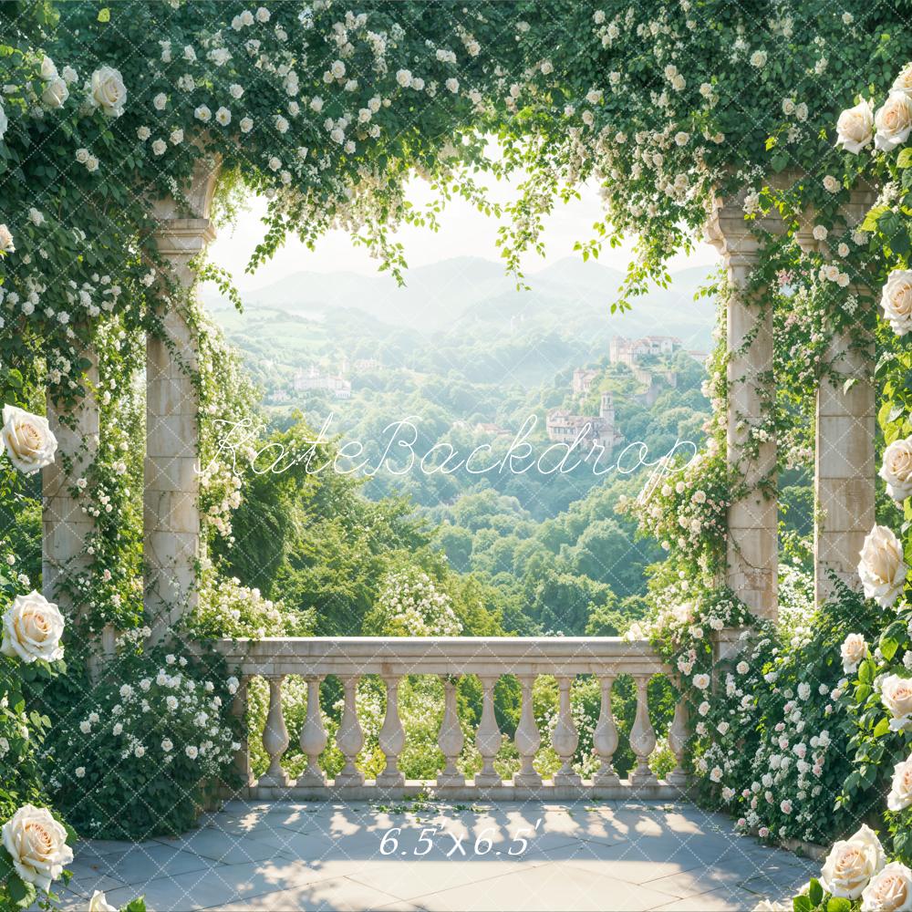 Kate Été Terrasse Fleurs Verdure Montagnes Toile de fond conçue par Emetselch