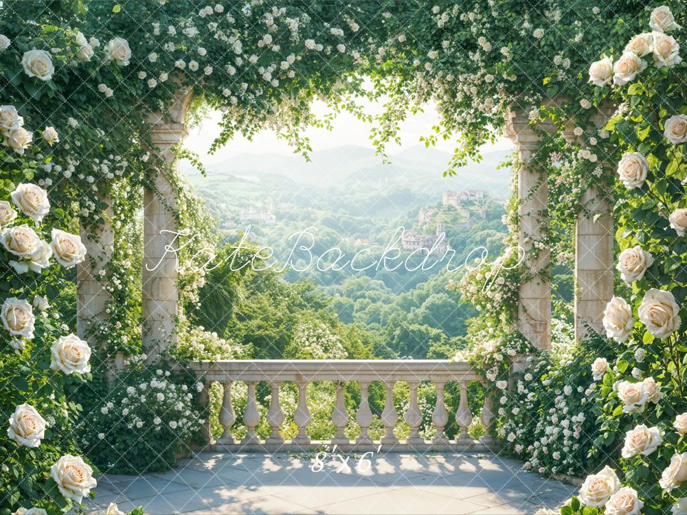 Kate Été Terrasse Fleurs Verdure Montagnes Toile de fond conçue par Emetselch