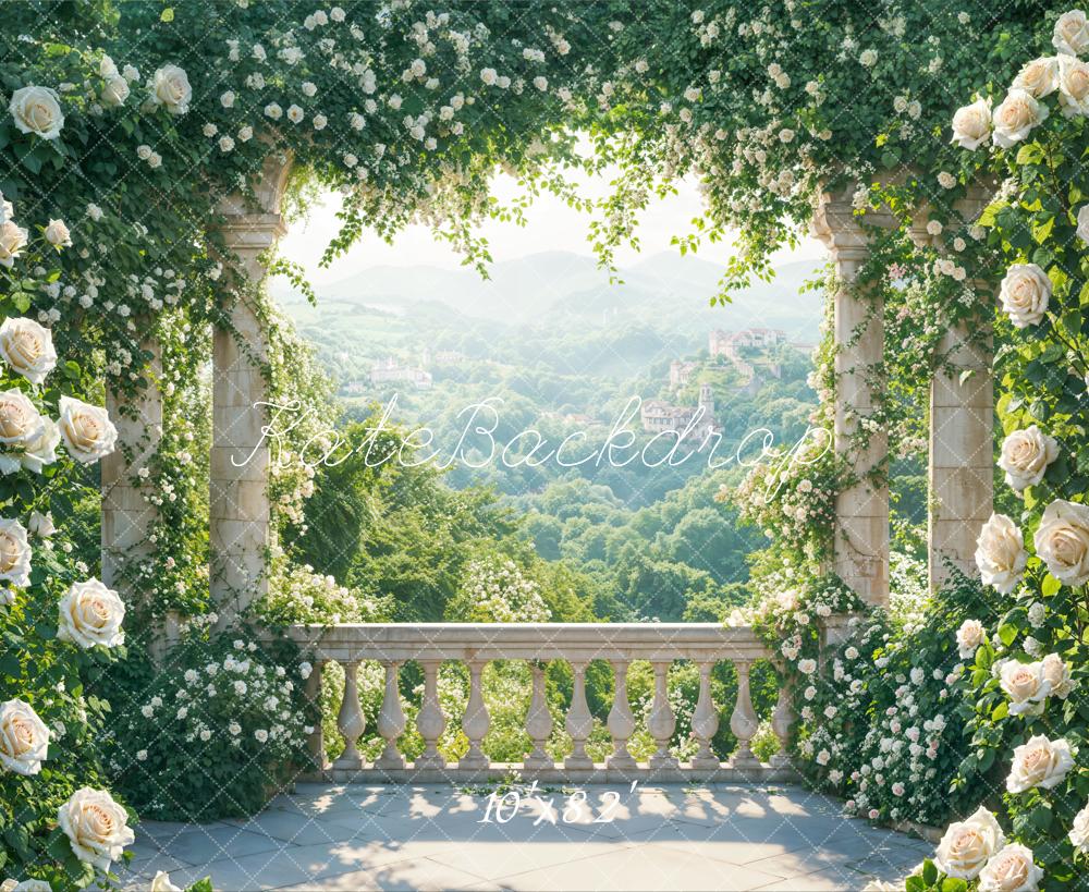Kate Été Terrasse Fleurs Verdure Montagnes Toile de fond conçue par Emetselch