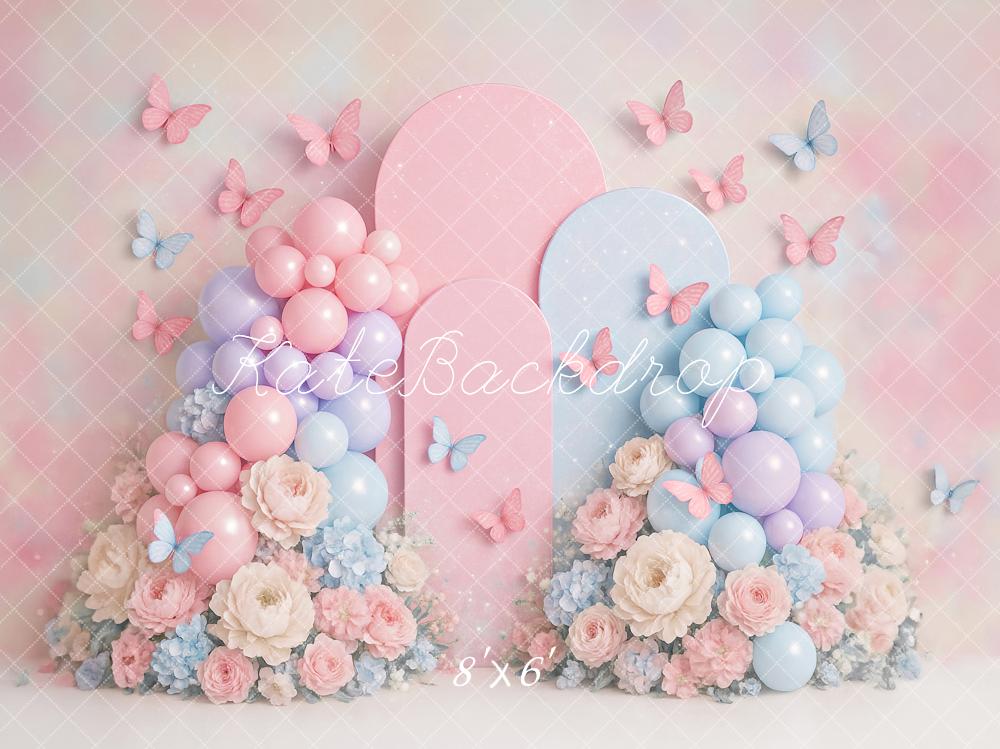Kate Anniversaire Ballons Fleur Papillon Toile de fond conçu par Ashley Paul - Kate Backdrop FR