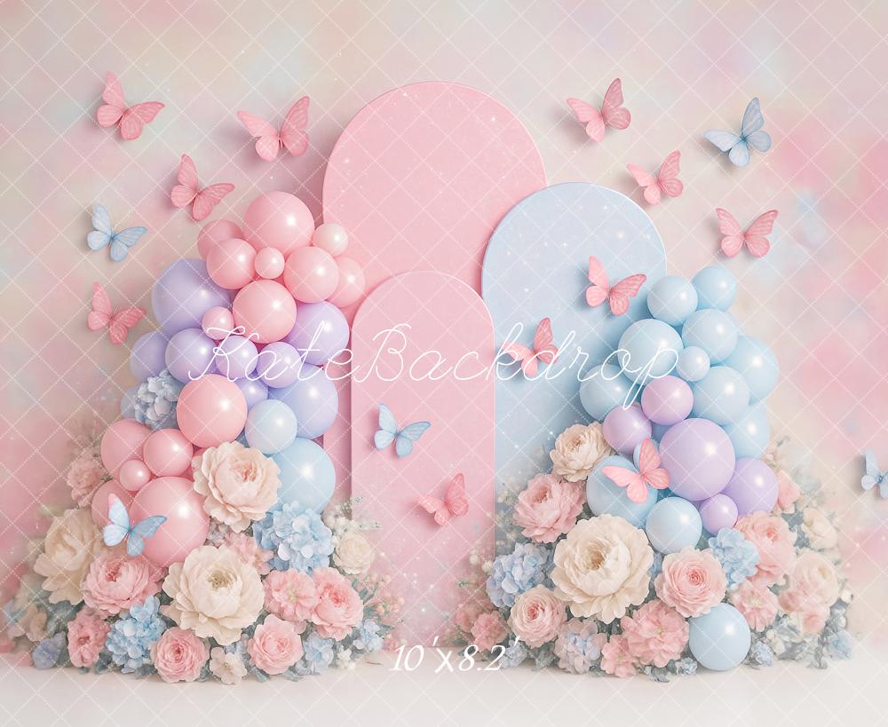 Kate Anniversaire Ballons Fleur Papillon Toile de fond conçu par Ashley Paul - Kate Backdrop FR