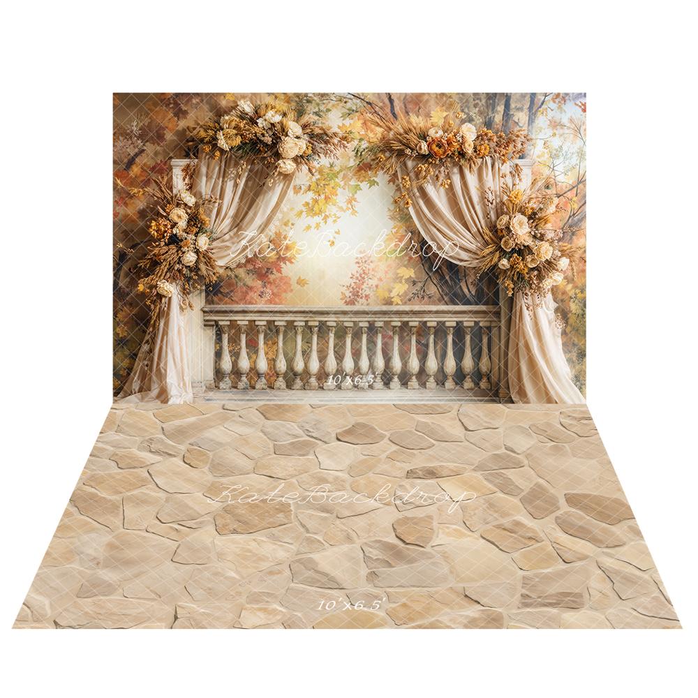 Kate Automne Balcon Rétro Fleurs Rideau Toile de fond+Beige Texture de pierre Sol Toile de fond - Kate Backdrop FR