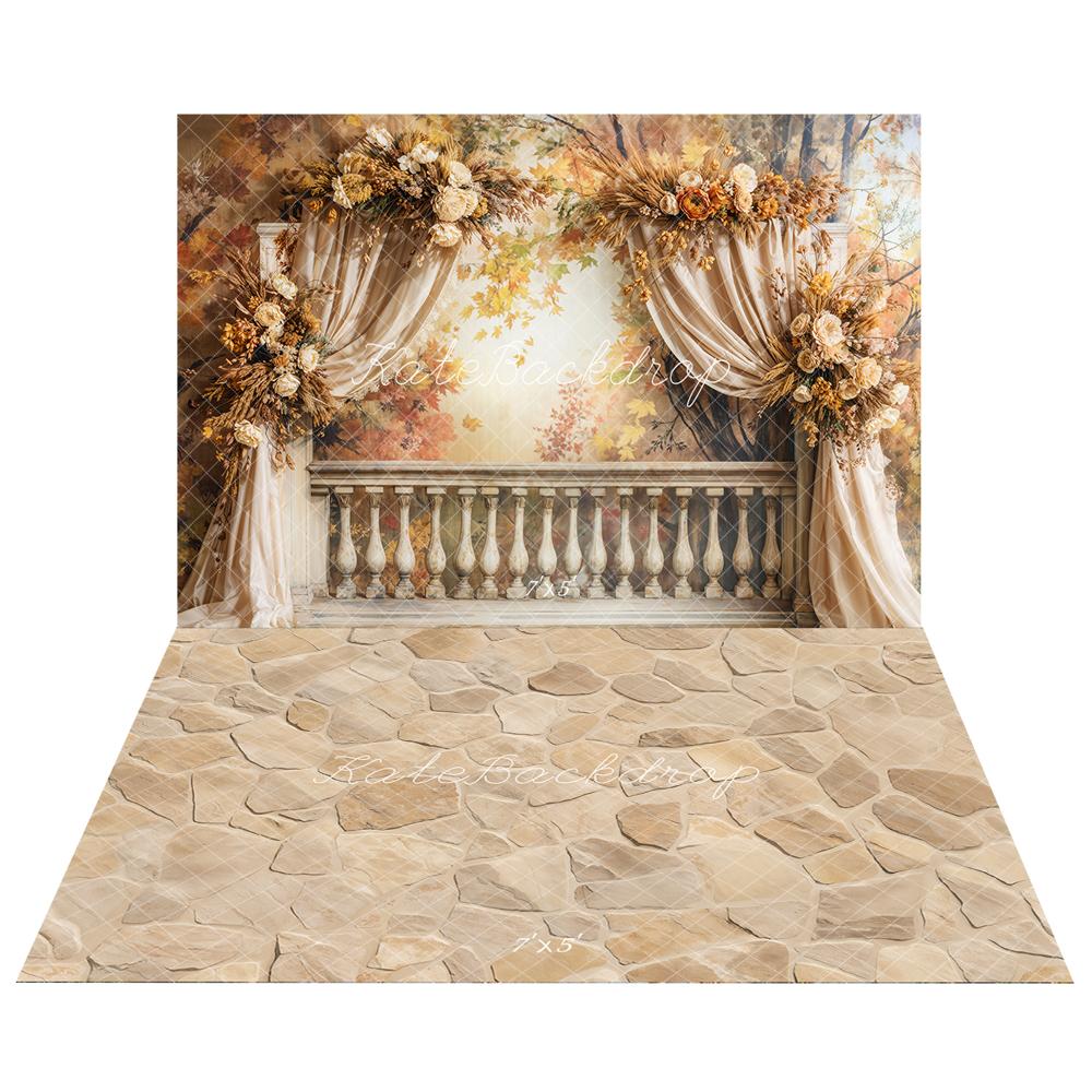 Kate Automne Balcon Rétro Fleurs Rideau Toile de fond+Beige Texture de pierre Sol Toile de fond - Kate Backdrop FR