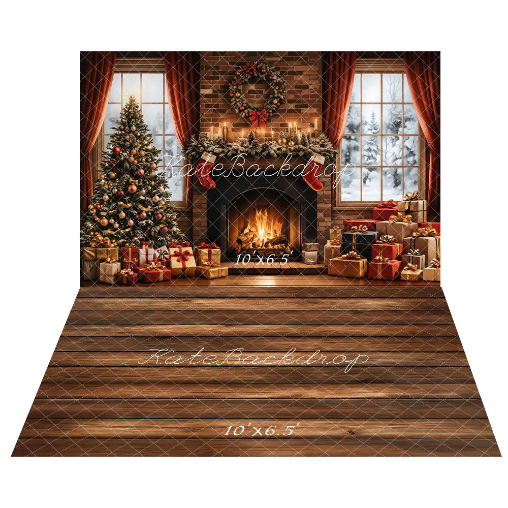 Kate Noël Cheminée Cadeaux Fenêtre Toile de fond+Bois Parquet Marron foncé Sol Toile de fond - Kate Backdrop FR