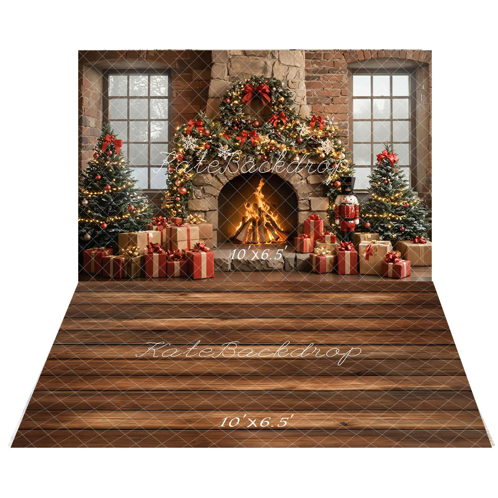 Kate Noël Cheminée Casse-Noisette Toile de fond+Bois Parquet Marron foncé Sol Toile de fond
