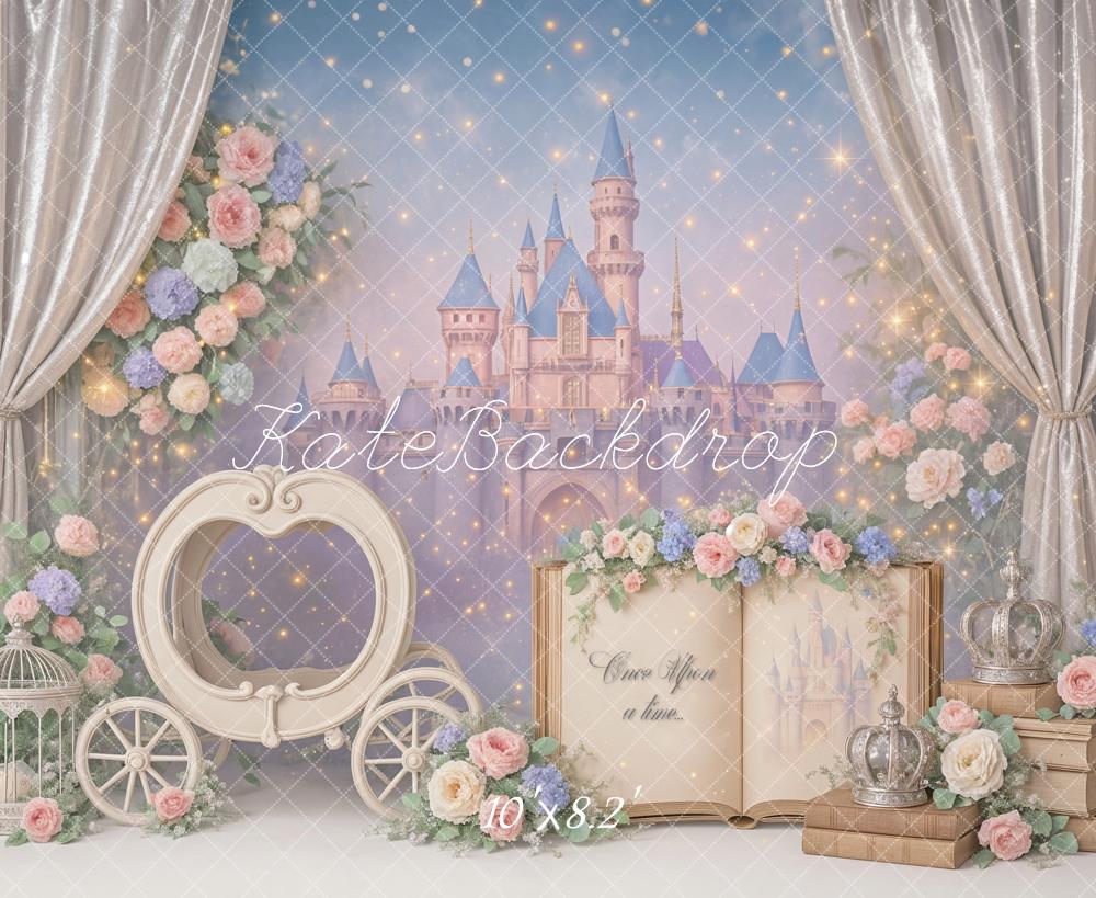 Kate Anniversaire Princesse Château Livre Fleurs Toile de fond conçu par Ashley Paul - Kate Backdrop FR